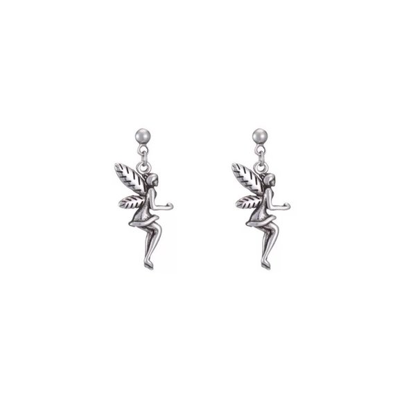 14k Gold Tinkerbell Dangle Earrings Sterling Silver - Picture 1 of 9